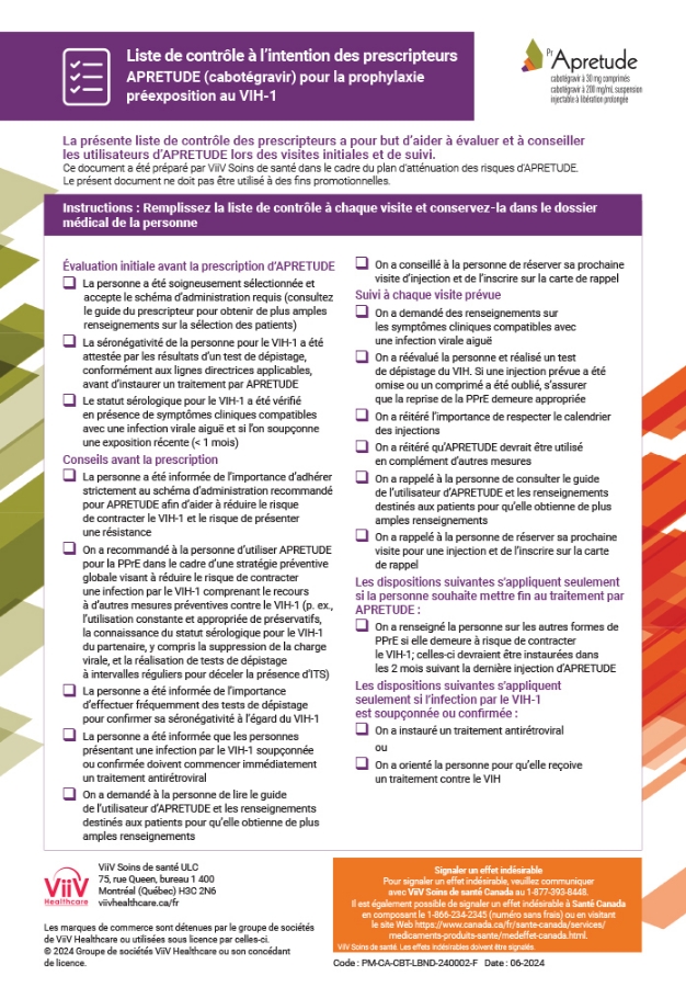Picture of Liste de contrôle du prescripteur Apretude 2024
